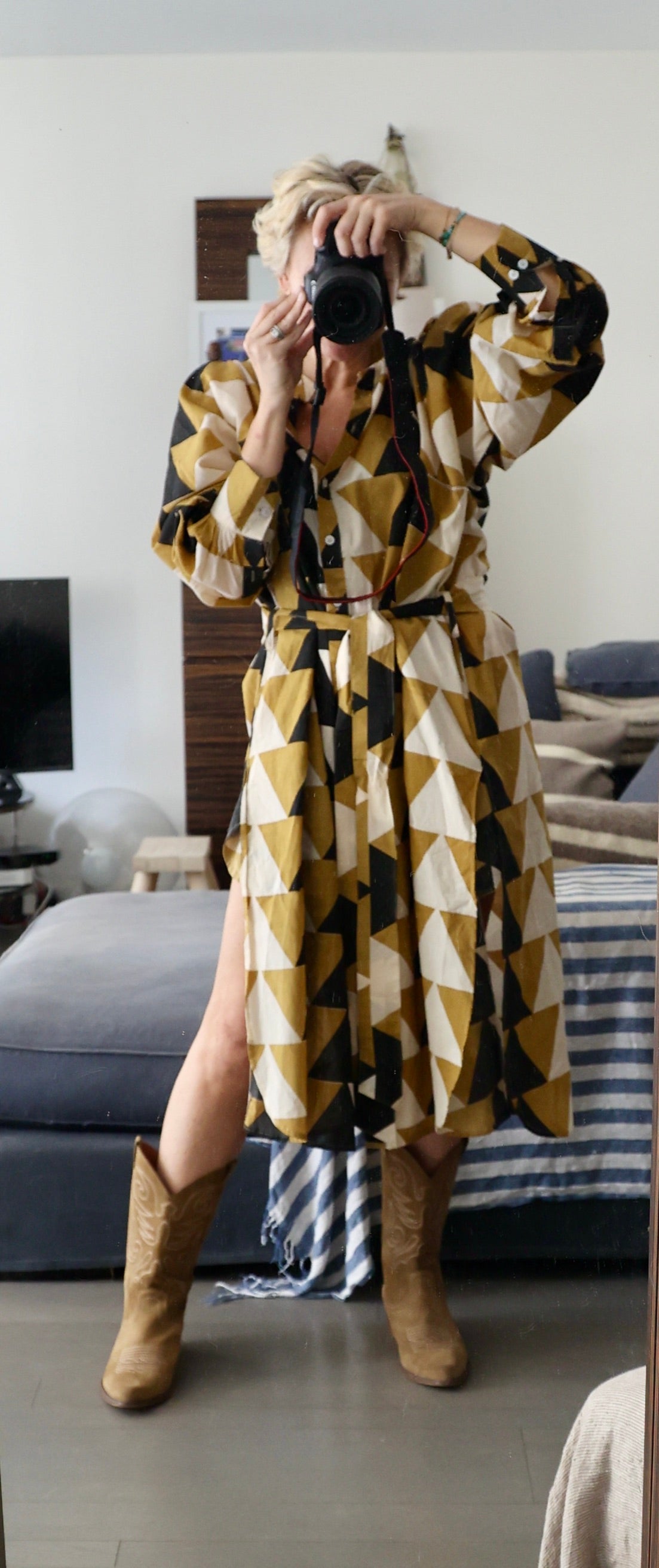 Robe Iconique losange moutarde, écru, noire