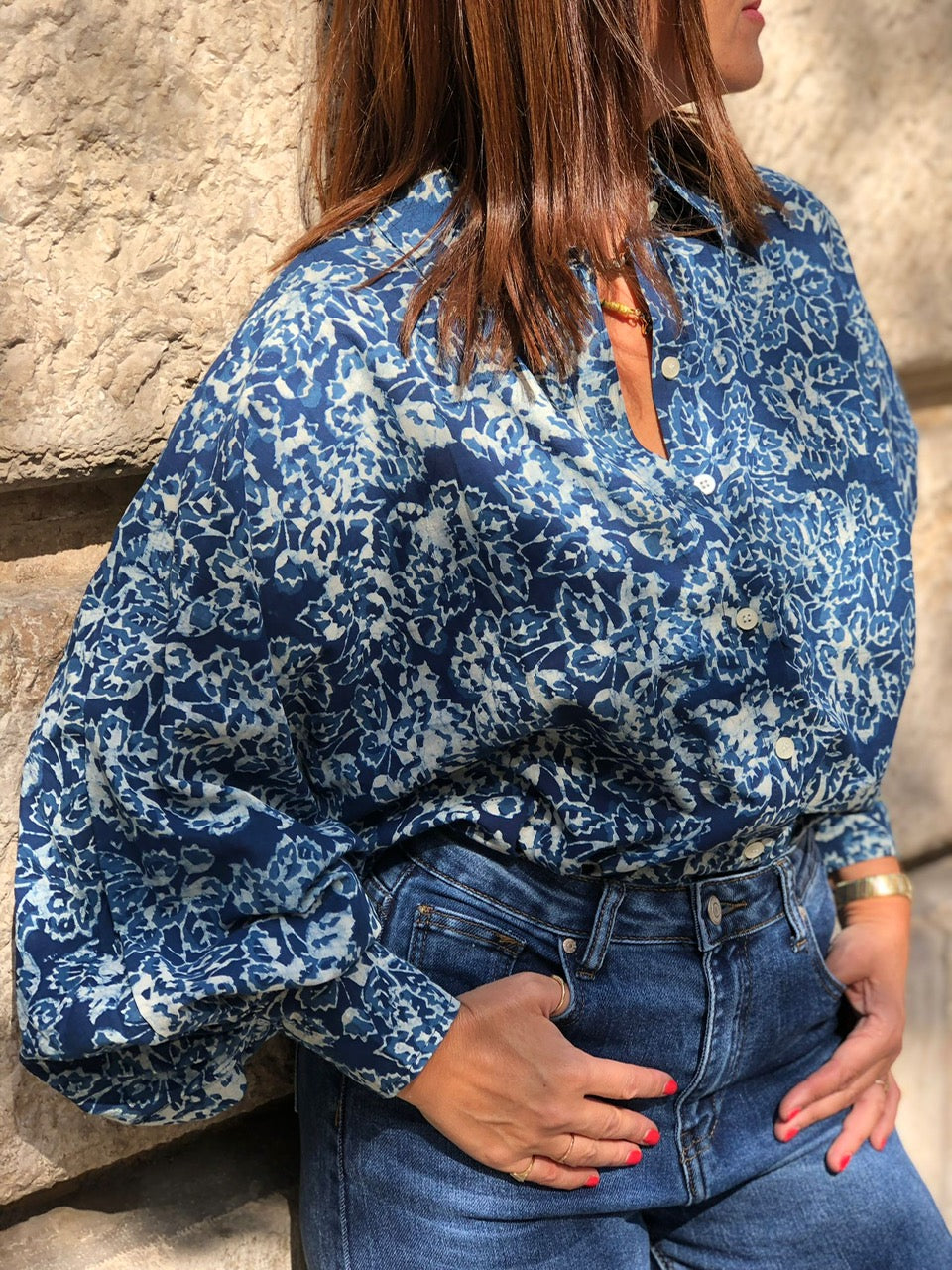 AH2022/86-Blouse Bubble imprimé Indigo