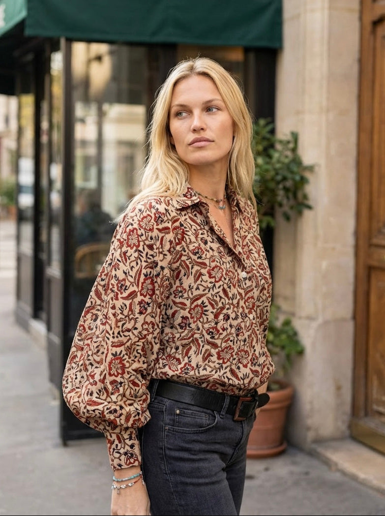 Blouse Bubble imprimé beige, noir et rouge