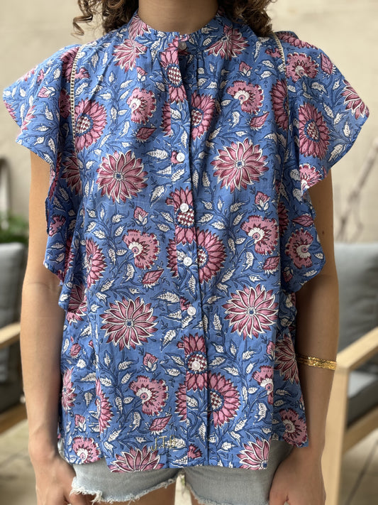 Blouse Butterfly imprimé bleu et rose