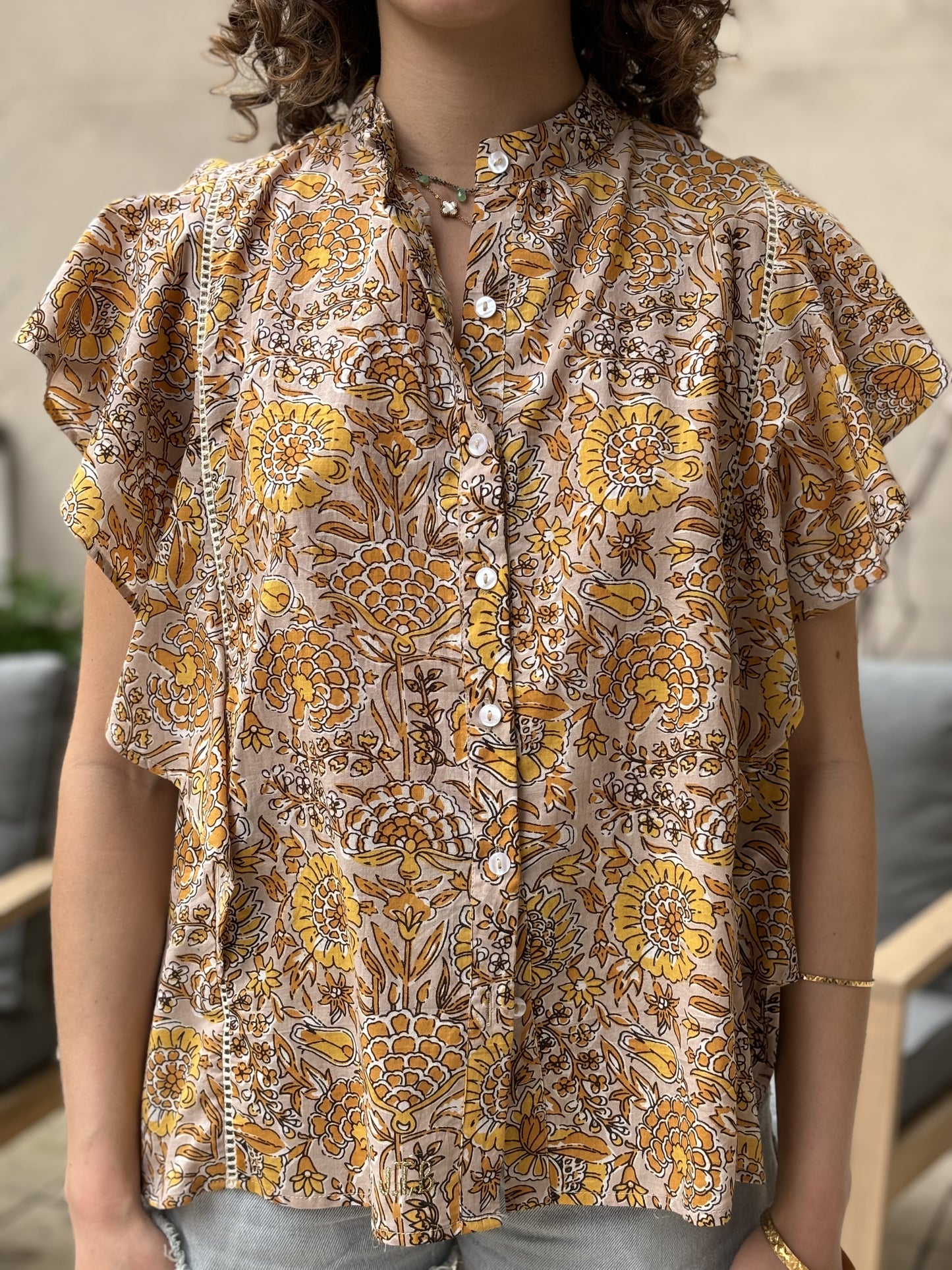 Blouse Butterfly imprimé caramel et jaune