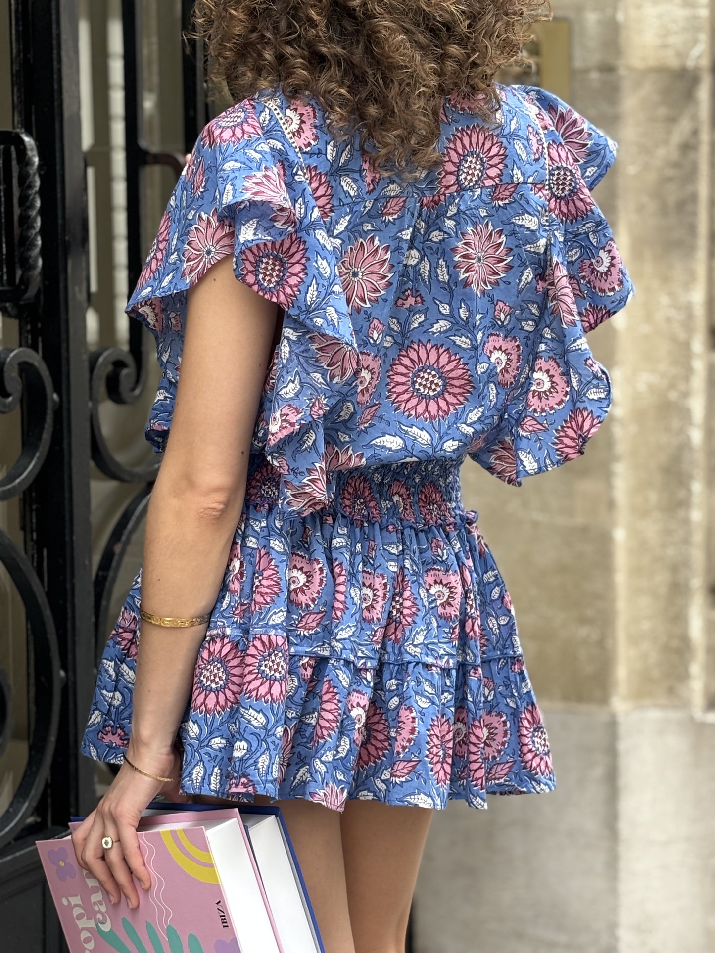 Blouse Butterfly imprimé bleu et rose