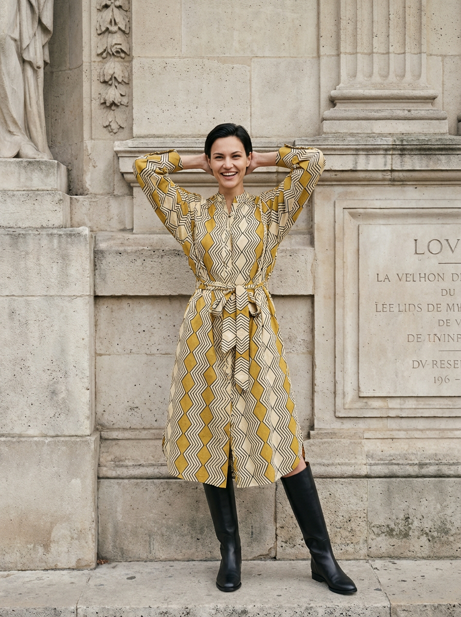 Robe Iconique géométrie écru, moutarde, noire