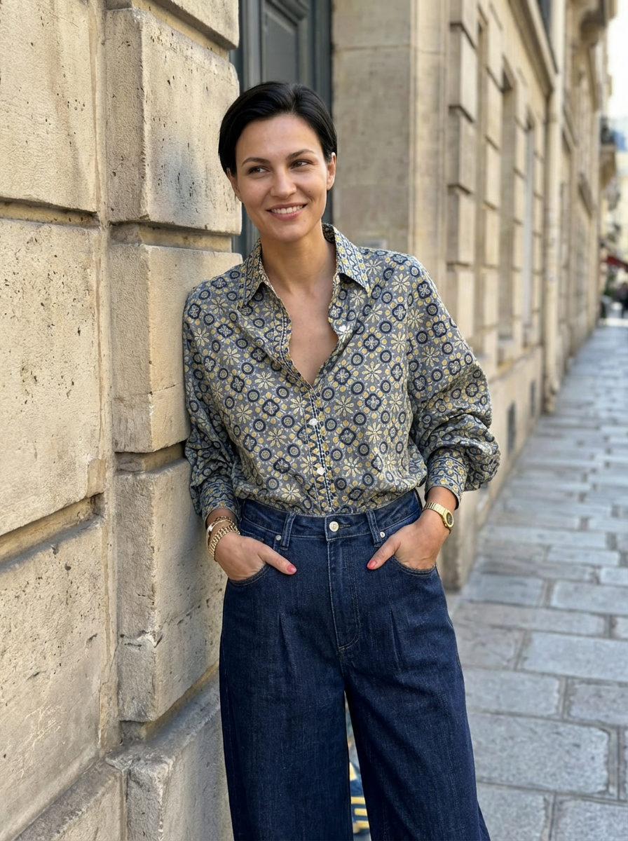 Blouse Bubble imprimé mosaïque bleu