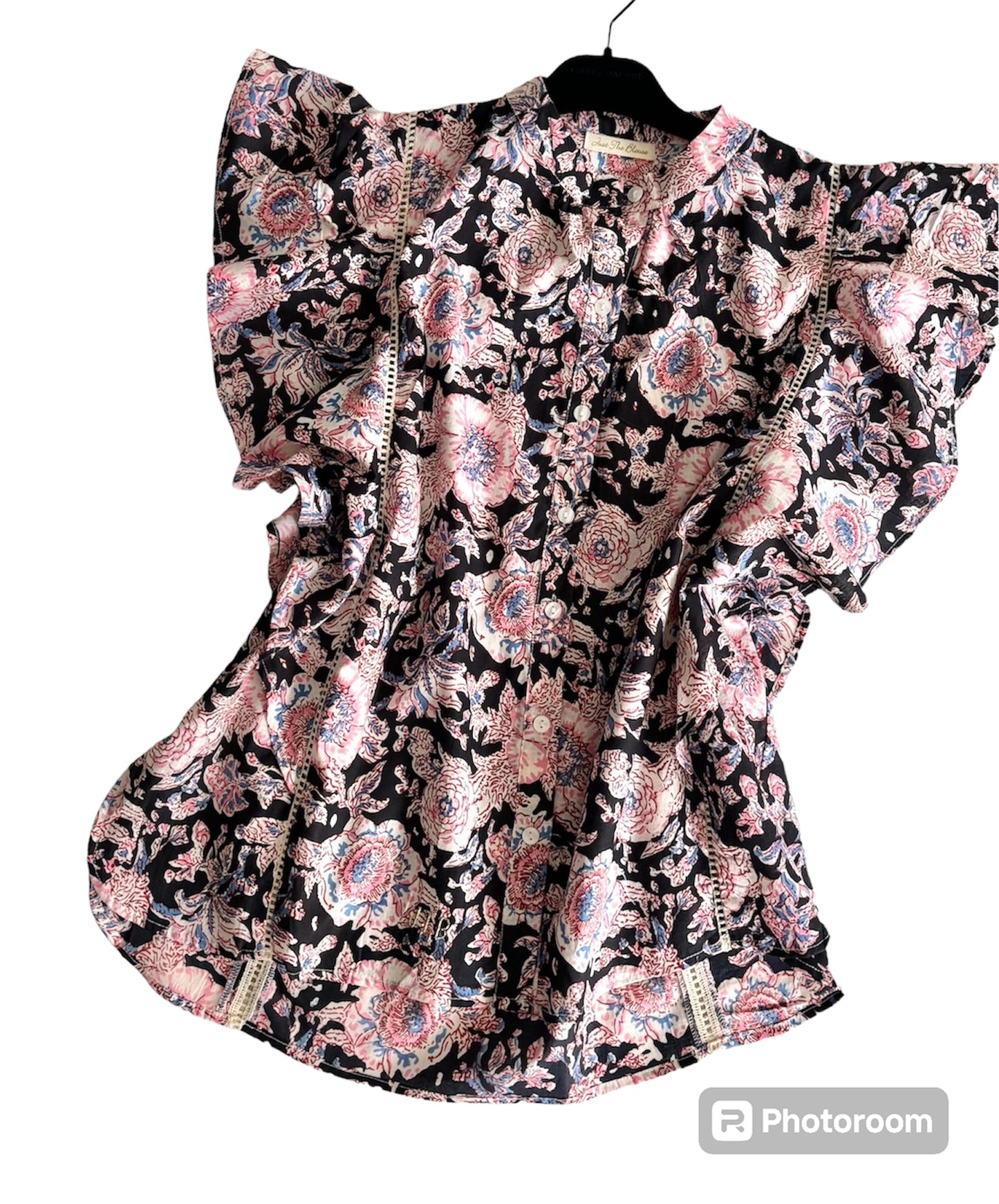 Blouse Butterfly fond noir fleur rose