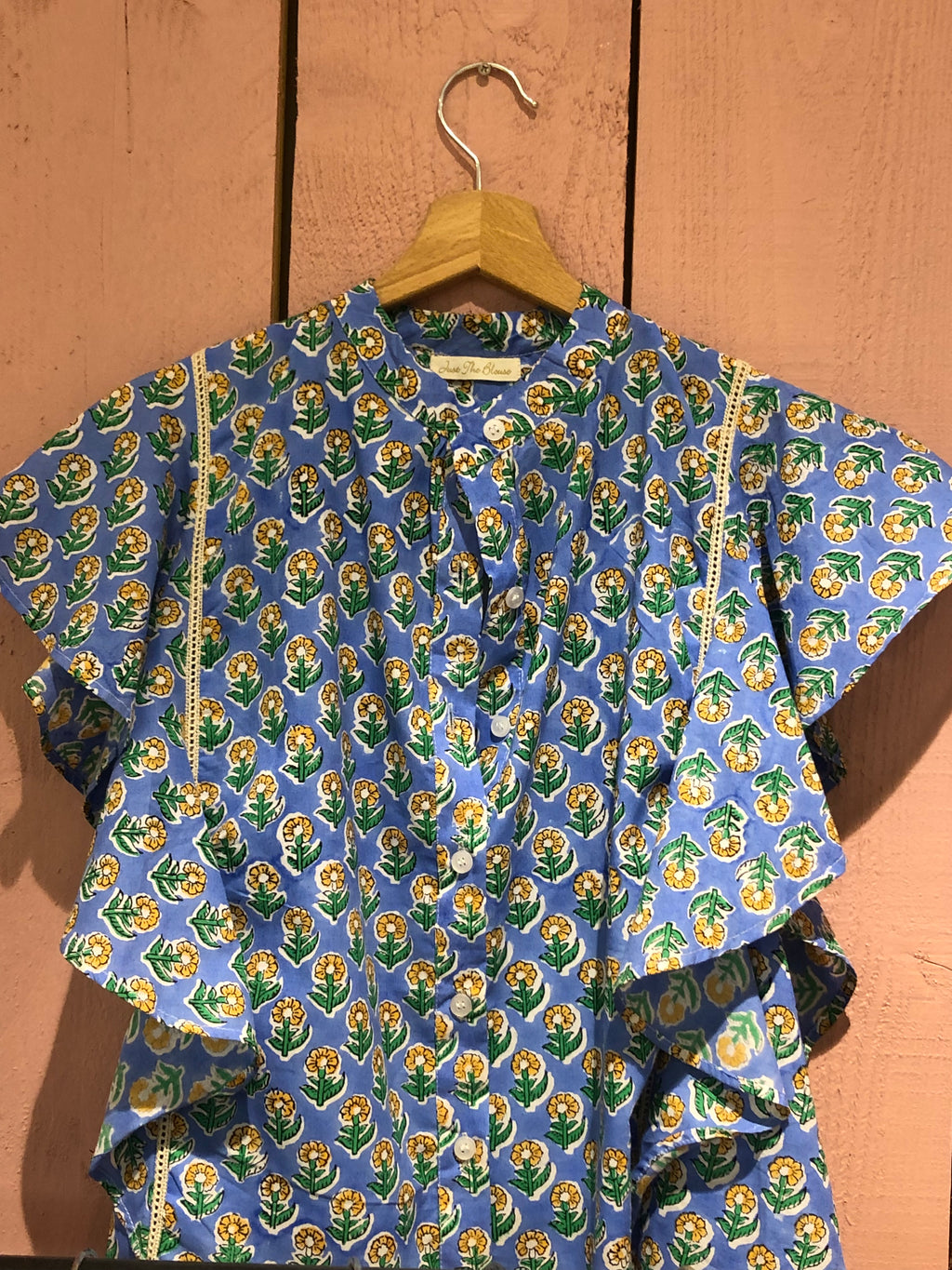 Blouse Butterfly fond bleu fleur jaune