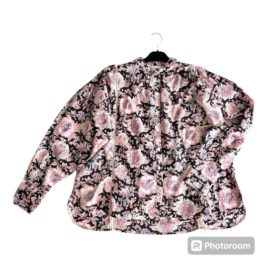 Blouse Iconique fond noir fleur rose