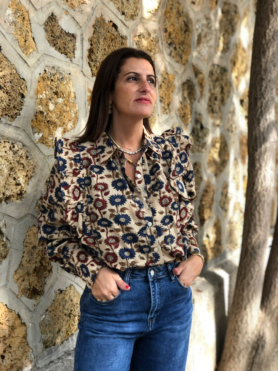 Blouse Goldo imprimé marguerite bordeaux et marine