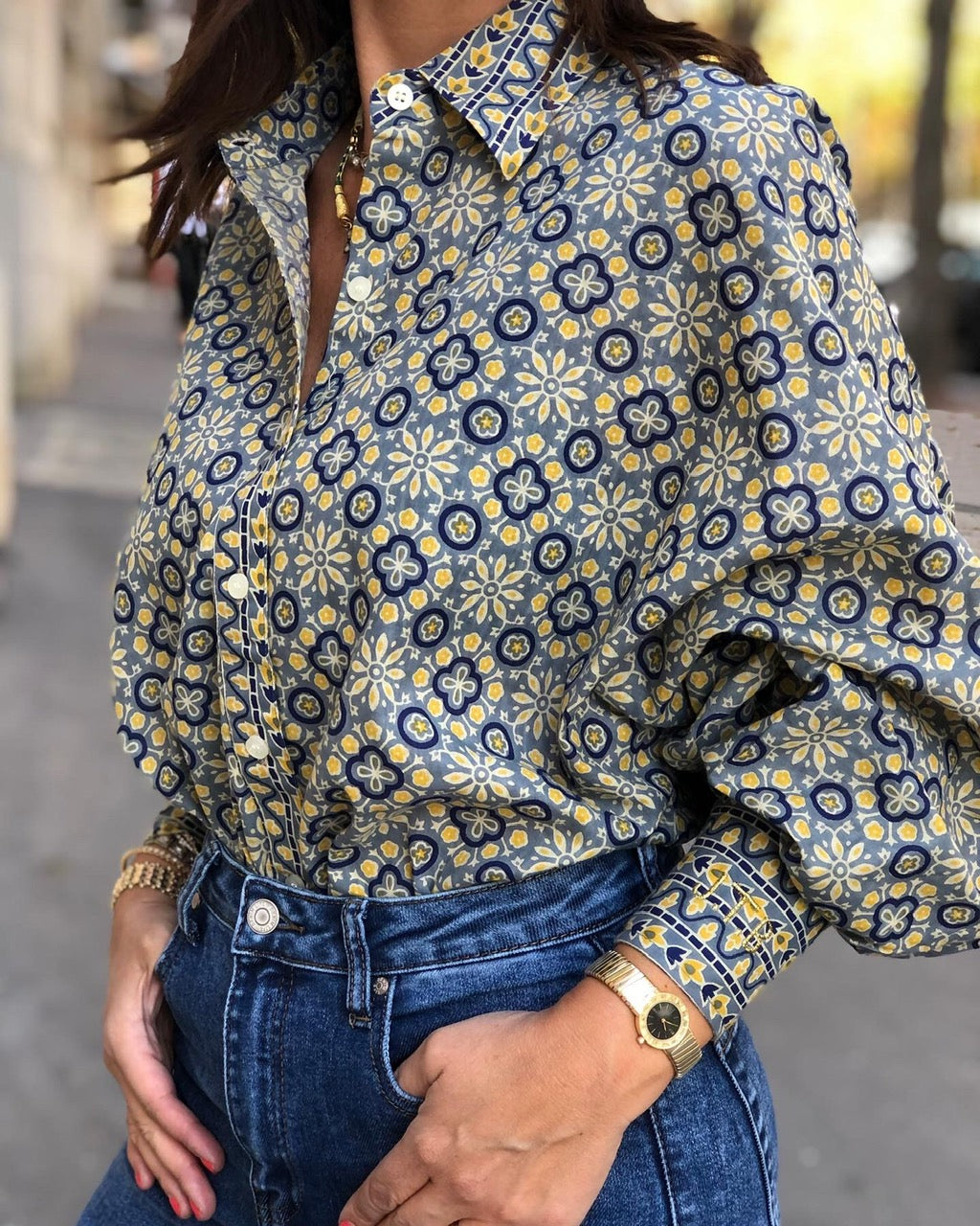 Blouse Bubble imprimé mosaïque bleu