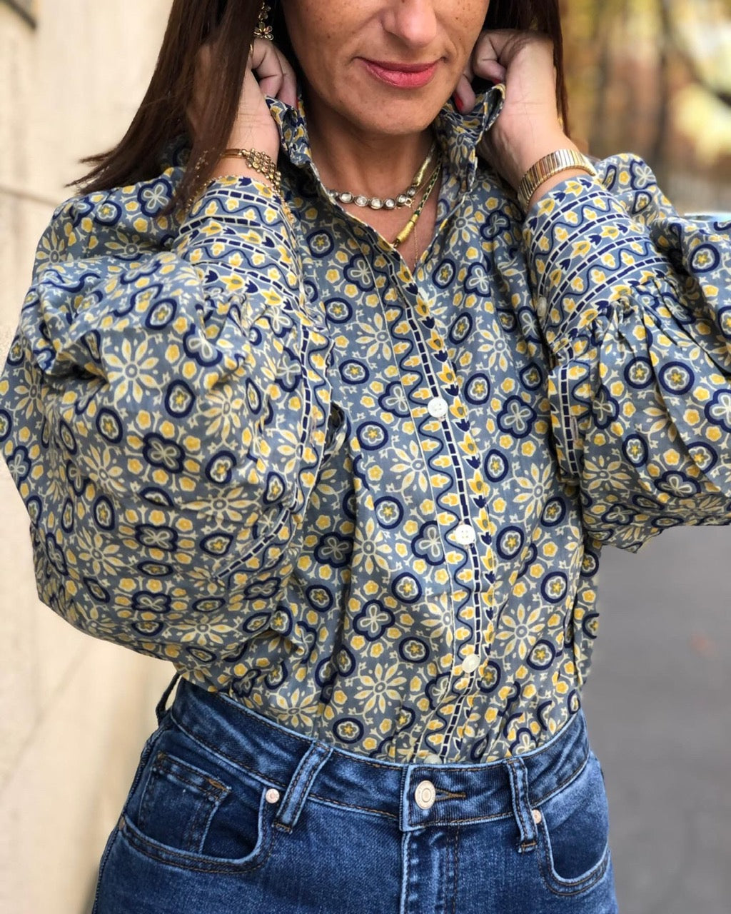 Blouse Bubble imprimé mosaïque bleu