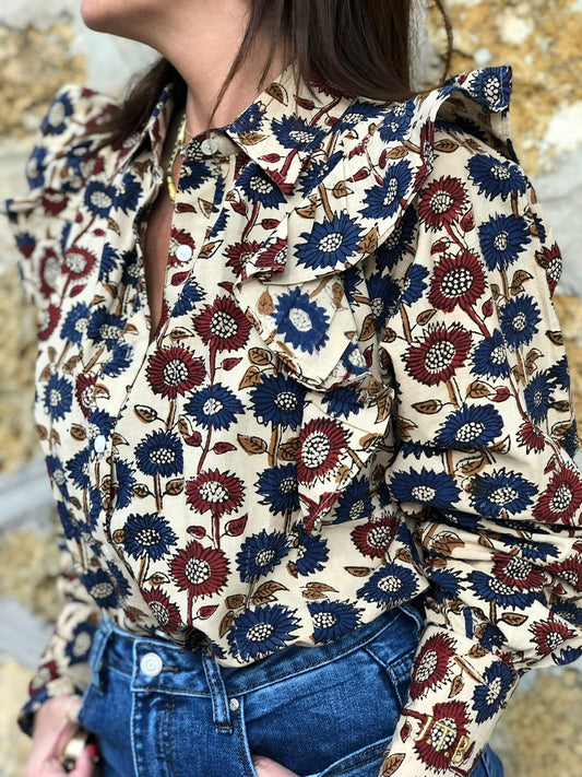 AH2022/57-Blouse Goldo imprimé Marguerite bordeaux et Marine