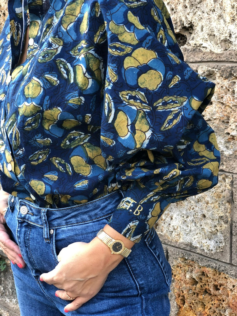 AH2022/89-Blouse Bubble imprimé Deep blue et yellow