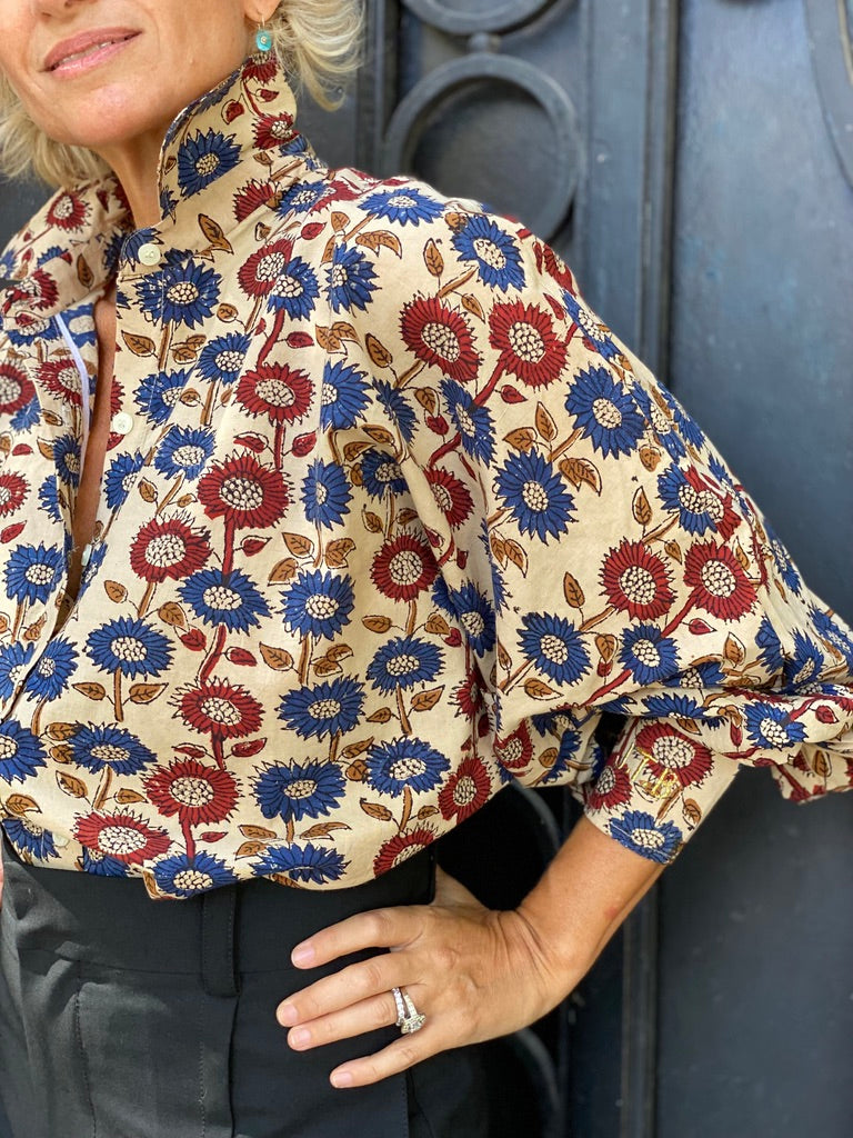Blouse Bubble imprimé marguerite bleu et bordeaux
