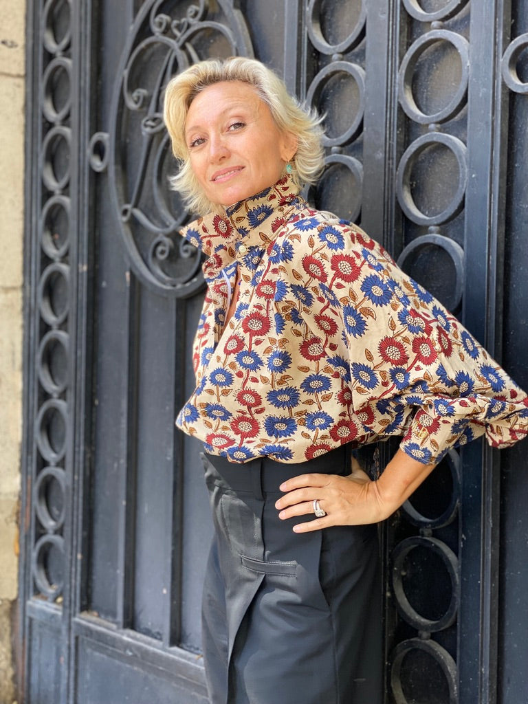 Blouse Bubble imprimé marguerite bleu et bordeaux