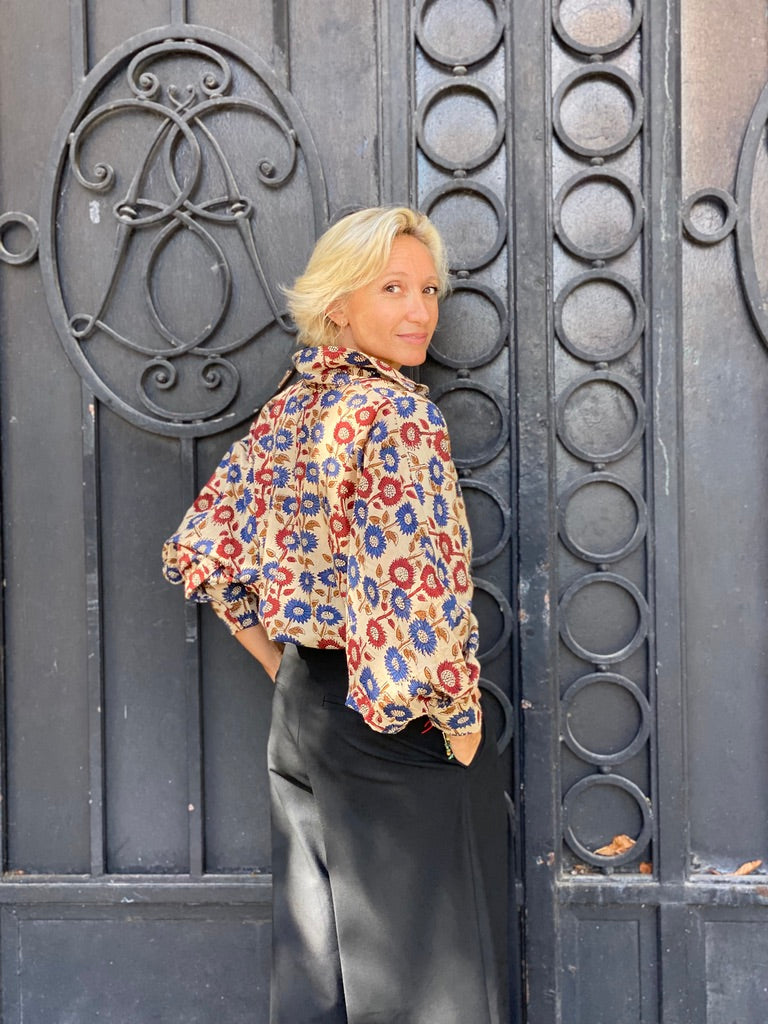 Blouse Bubble imprimé marguerite bleu et bordeaux