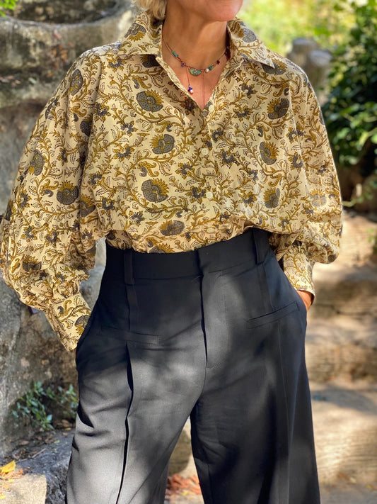 AH2022/76-Blouse Bubble imprimé mousse Grise & kakie