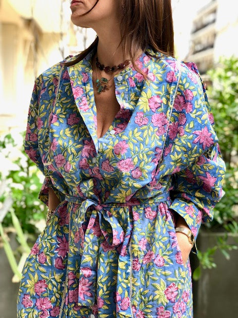 Robe Iconique bleu, rose et jaune
