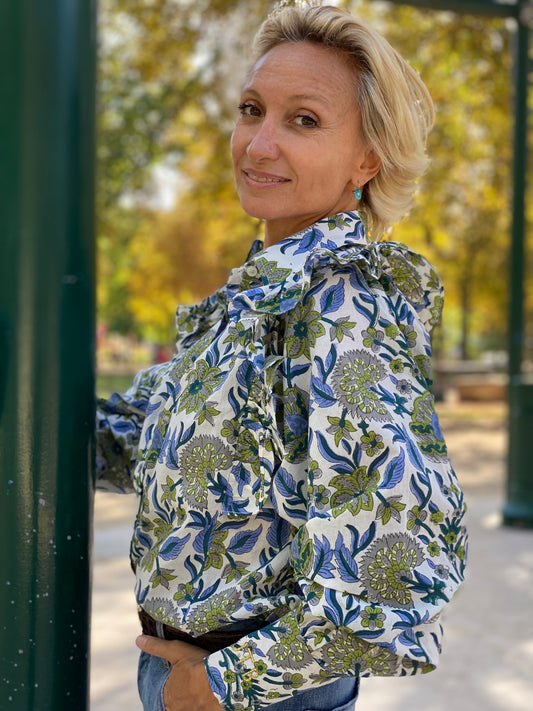 AH2022/62-Blouse Goldo imprimé Fraîcheur Green & Blue