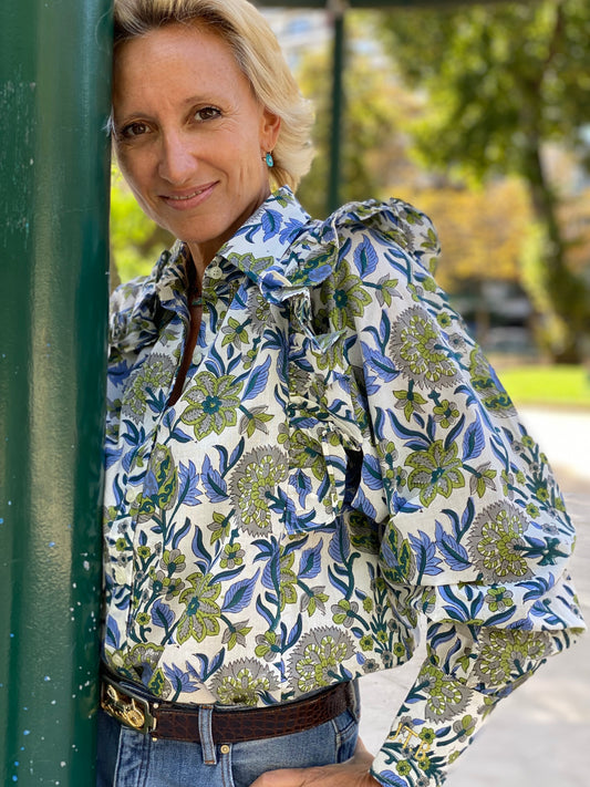 AH2022/62-Blouse Goldo imprimé Fraîcheur Green & Blue