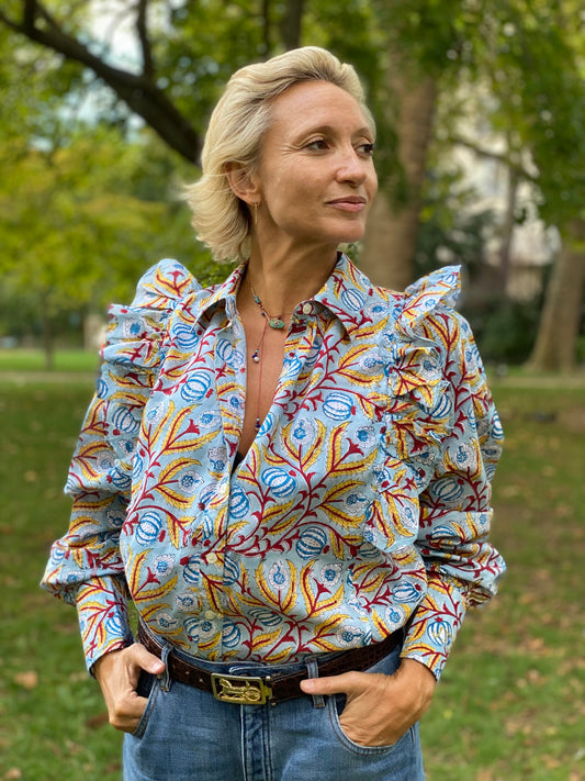 AH2022/64-Blouse Goldo imprimé Blue Red & Yellow