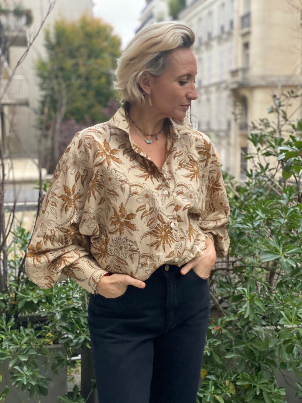 Blouse Bubble imprimé écru et camel