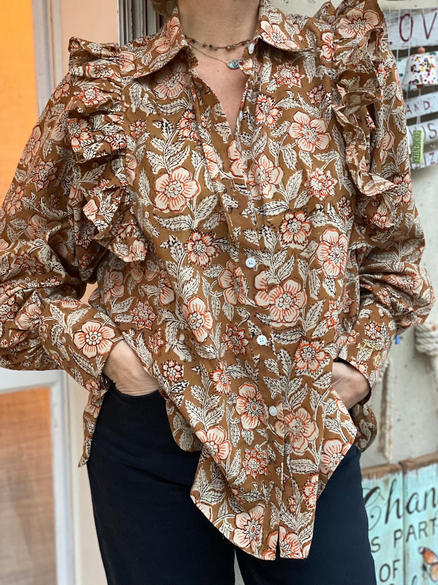 AH2022/72-Blouse Goldo imprimé Camel & Orange