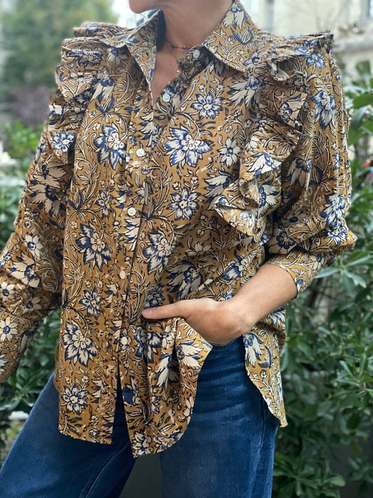 AH2022/71-Blouse Goldo imprimé Moutarde & Blue