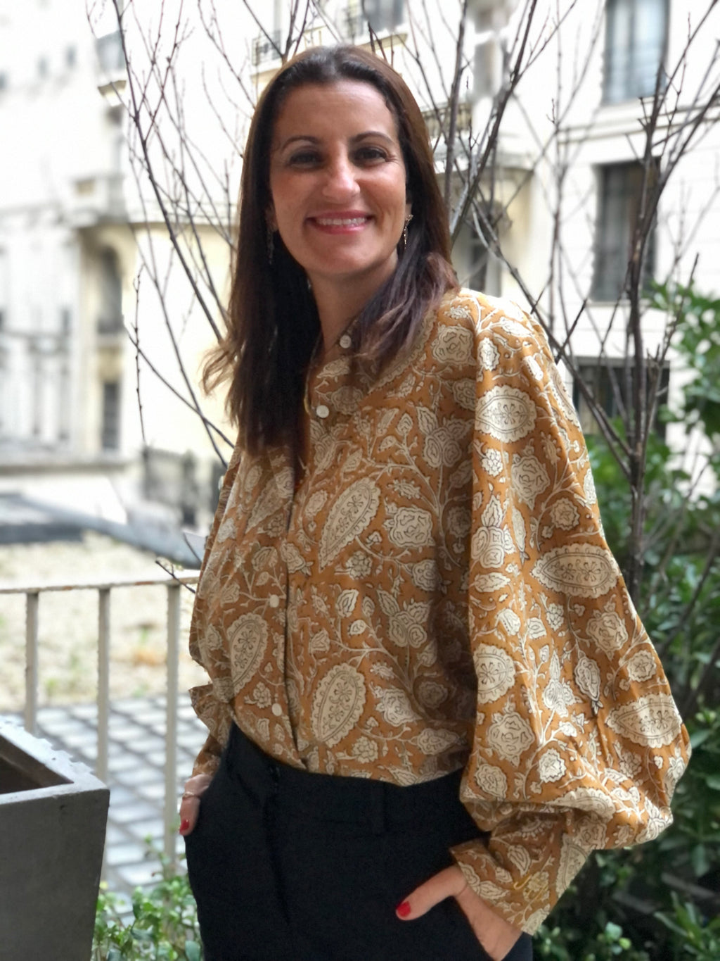 Blouse Bubble imprimé camel et écru