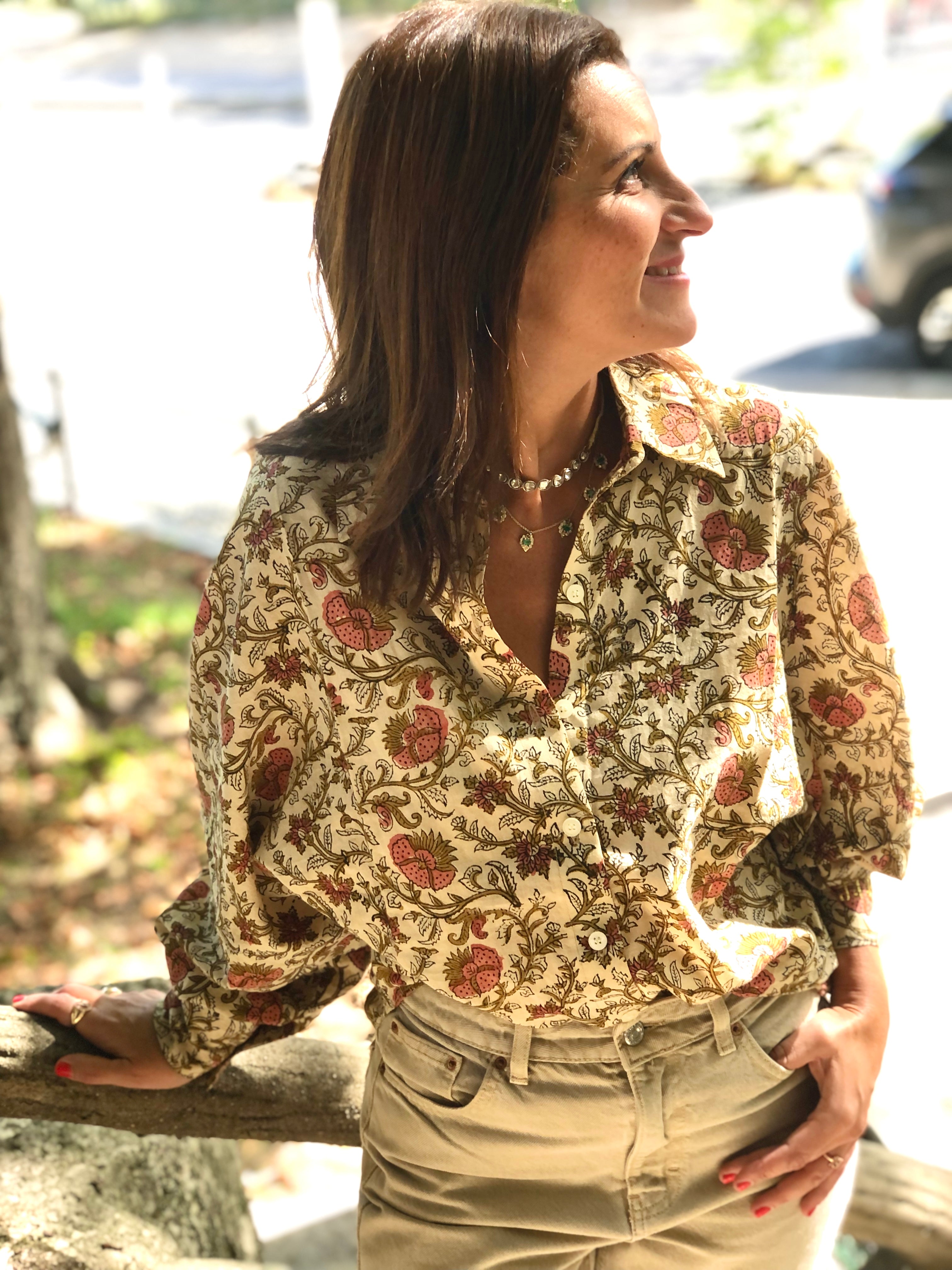 Blouse Bubble imprimé camel et corail