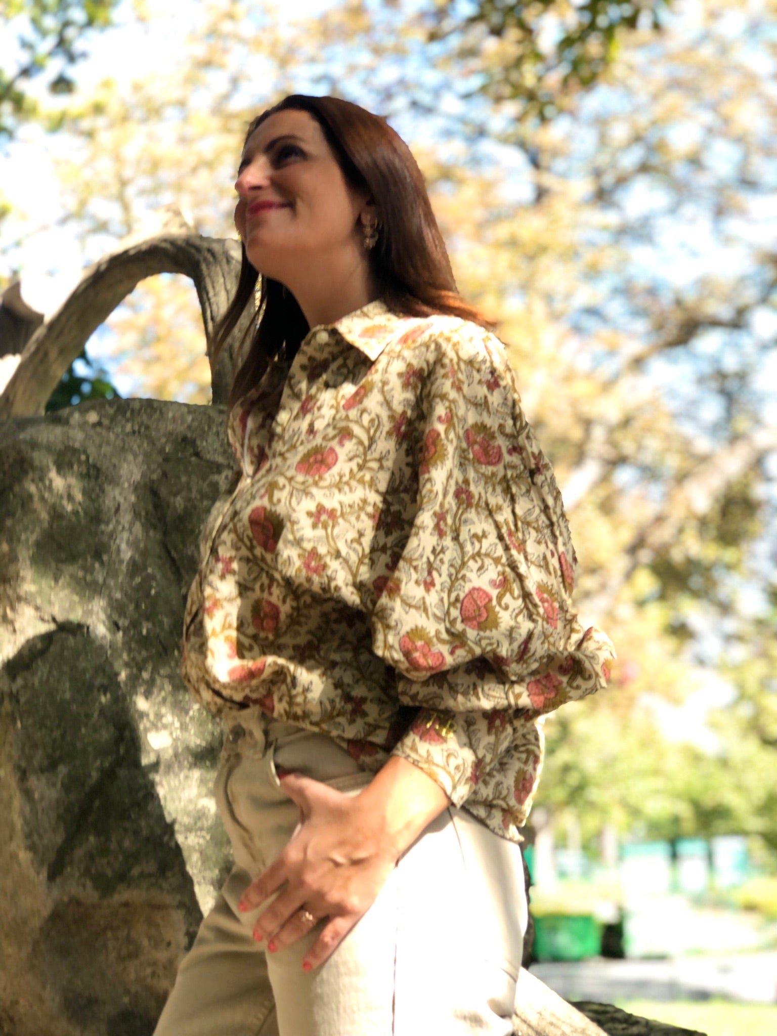Blouse Bubble imprimé camel et corail